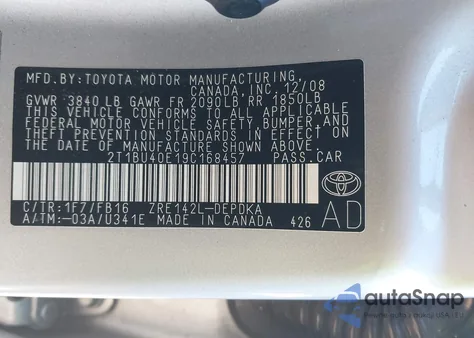 2009 Toyota Corolla Le z USA, uszkodzony, nr VIN 2T1BU40E19C168457